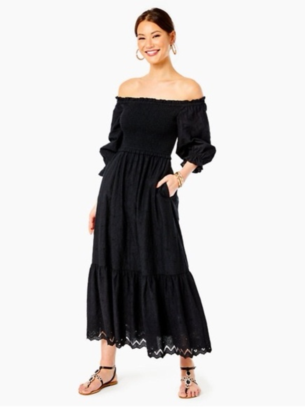Lilly Pulitzer Arlynn Onyx Eyelet Off Shoulder Maxi Dress Smocked M - Picture 2 of 12